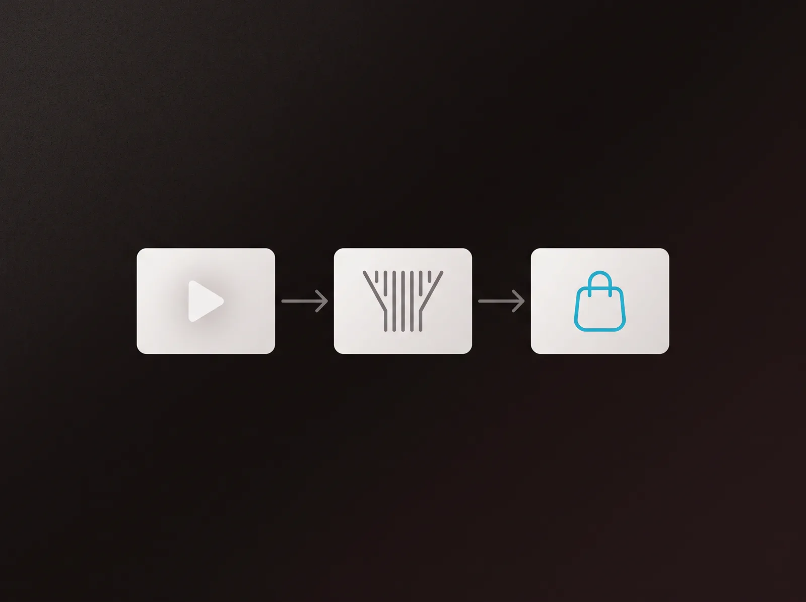 Three linked screens from a play shape to a narrowing funnel to a crimson shopping bag